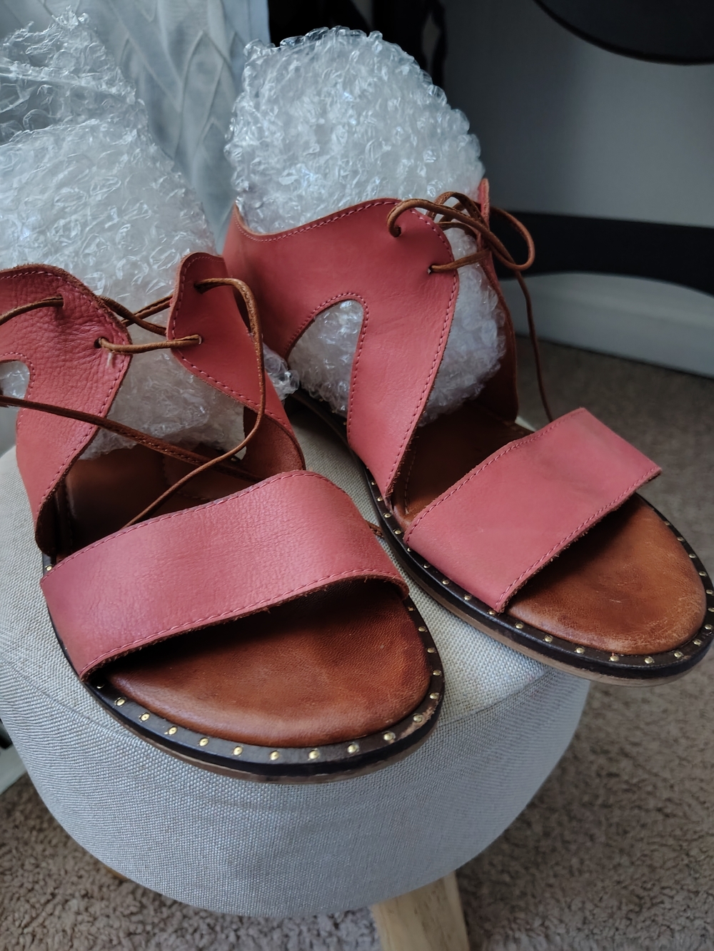 Sundance Coral-Pink Leather Lace-Up Sandals